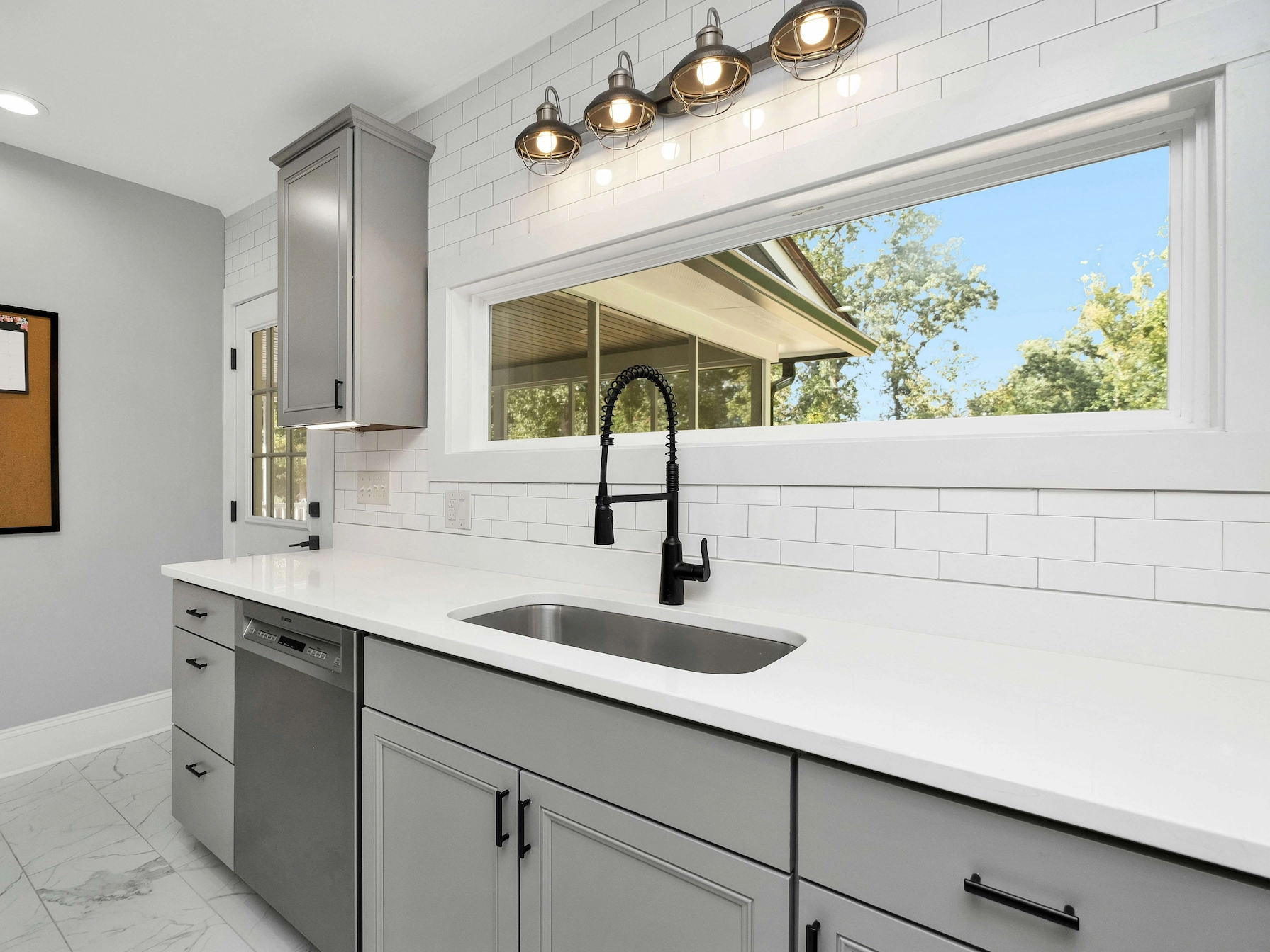 Painted walls and cabinets.